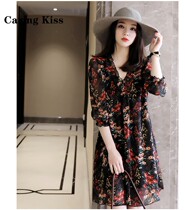 Caring Kiss love Midsummer Flowers Hair color floral lace V collar acetate Snow spinning Half sleeve dress