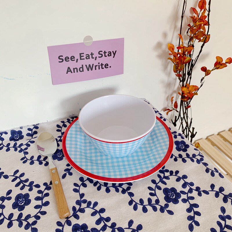 ins French Teen Hearts Cutlery Cutlery Cutlery Blue White Plaid Bowl Creative Dinner Plate Heat Bowl Dish Student Bubble Noodle Bowl