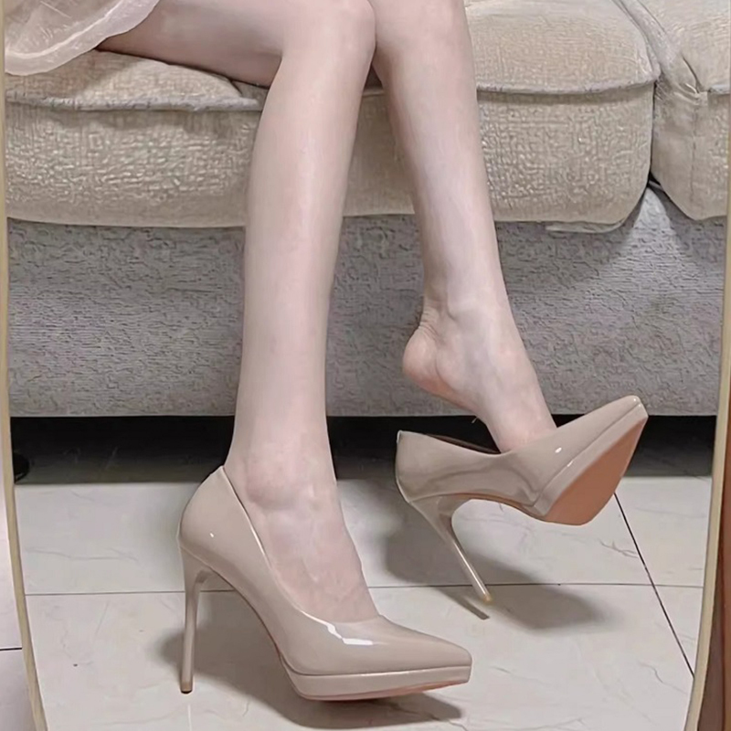 Waterproof Platform High Heels for Women 2026 Spring and Summer New Pointed Toe Stiletto Nude Patent Leather Sexy Versatile Etiquette Shoes