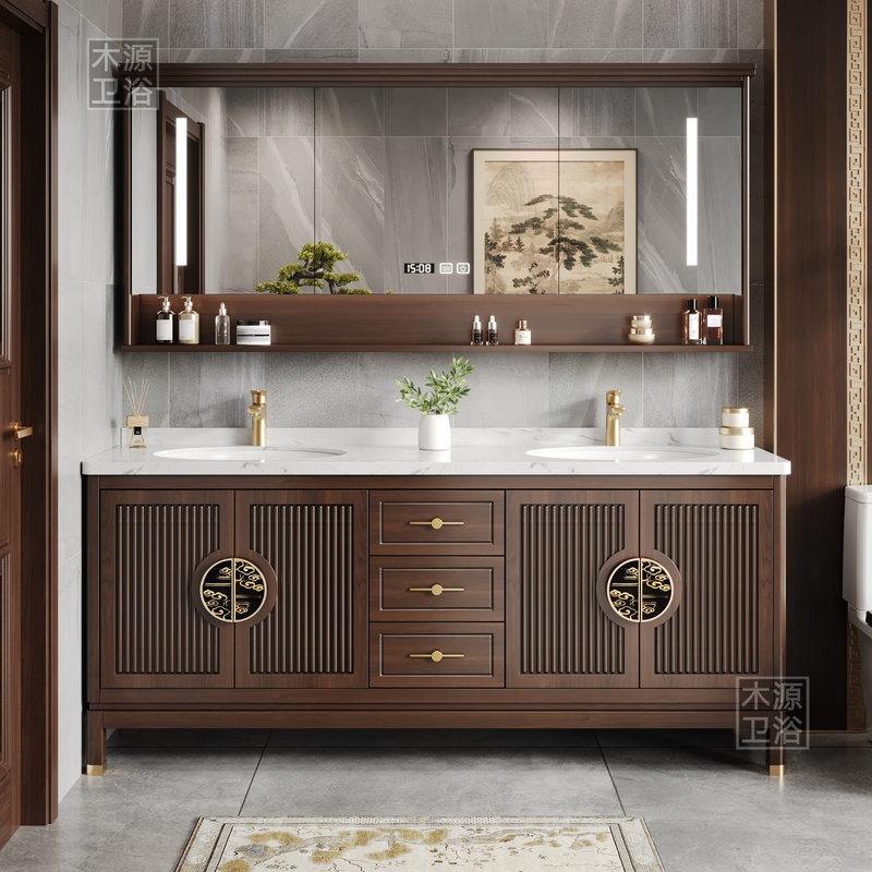 New Chinese-Style Bathroom Cabinet Set with Double Sink, Ceramic Integrated Basin, Oak Wood, 2026 Model