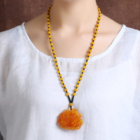 Beeswax Fu Lu Shou Necklace Water Drop Ethnic Style Amber Old Wax Pendant Ping An Brand Men's and Women's Sweater Chain Accessories Gift