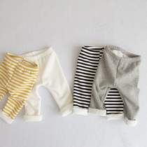 INS autumn and winter men and women Baby plus velvet leggings baby stripes wild warm pants children wear trousers