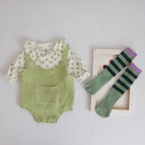 Womens baby knitted strap pants 2020 Spring and Autumn Baby Childrens solid color wool trousers with one-piece Ha clothes climbing clothes