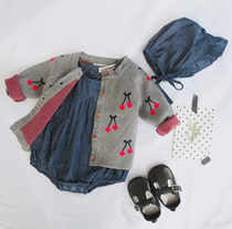 Korean baby sweater jacket Baby knitted top 0-1-2 years old spring and autumn cherry cotton wool line cardigan INS