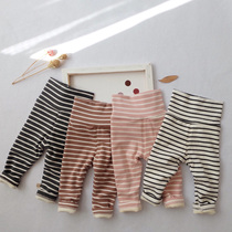Winter men and women Baby Cotton Slim Plus velvet warm striped pants baby high waist belly leggings trousers
