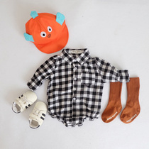 2021 Spring and Autumn New Male Baby Handsome Plaid Shirt Ha Clothes Infant and Infant One Hundred Days Climbing Clothes