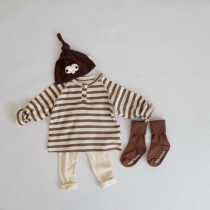 INS Korea with foreign style simple shoulder sleeve long striped T-shirt men and women baby loose casual top tide