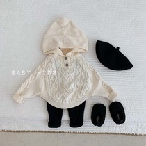 Spring and Autumn baby hooded woolen coat for boys and girls infants and young children fashionable twist shawl cloak knitted pullover top trendy