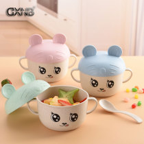  Wheat straw with lid bowl spoon set childrens cute cartoon tableware eating bowl spoon anti-fall insulation baby supplementary food bowl