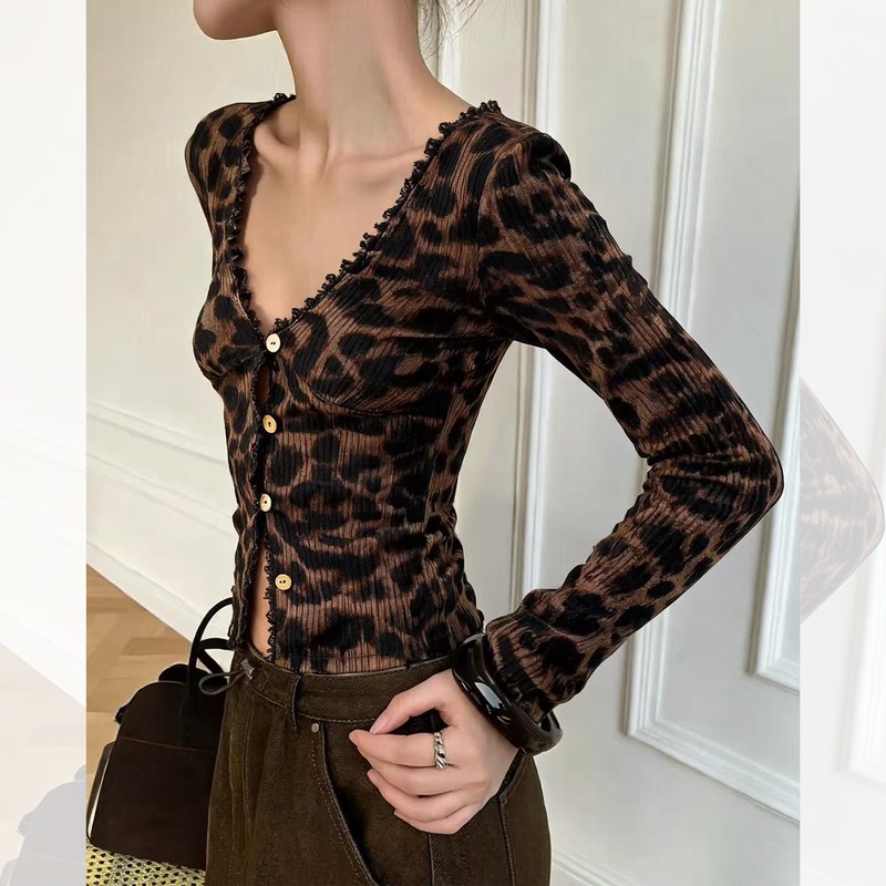 V-Neck Leopard Print Long-Sleeve T-Shirt for Women, Early Autumn New Style, Unique Design, Inner Layering Shirt, Commuter Style, Elegant High-End Top