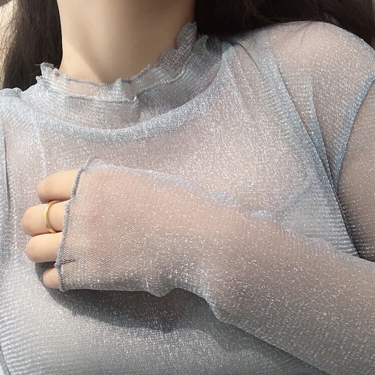 Fleece-Lined Lace Base Shirt for Women, Stylish for Autumn and Winter 2022, New Long-Sleeved Blouse with Sheer Mesh and Shiny Net Fabric