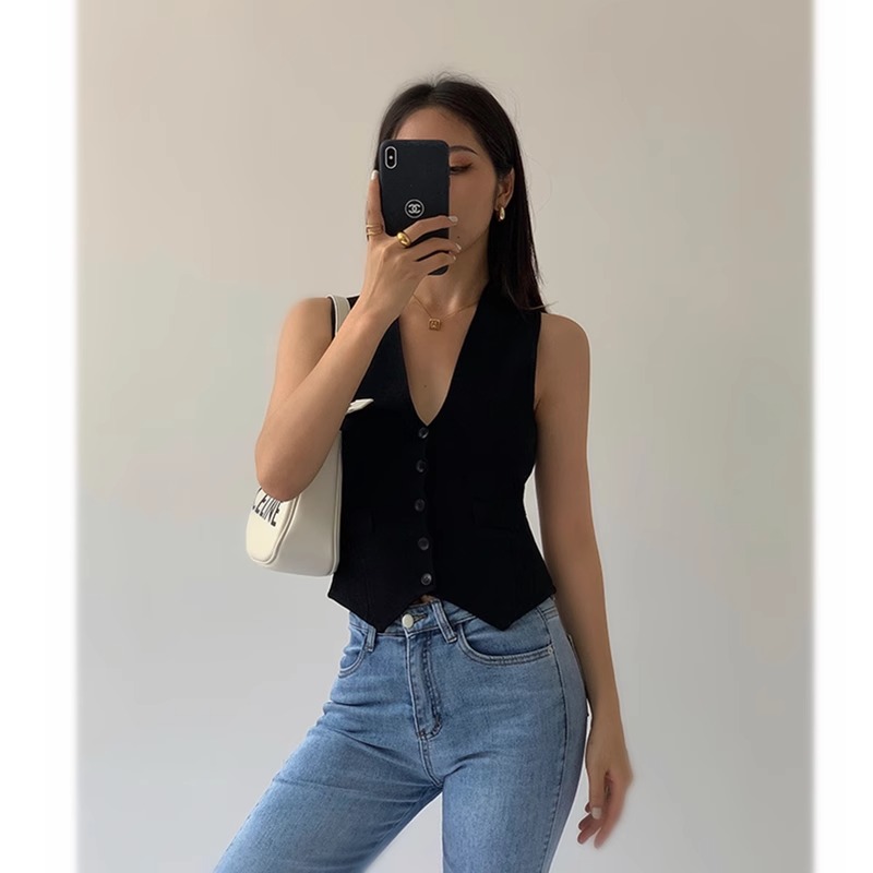 女性用ブラックVネックニットベスト、夏用ウエストコートベスト、ノースリーブトップ、重ね着アウターウェアスーツショートベスト