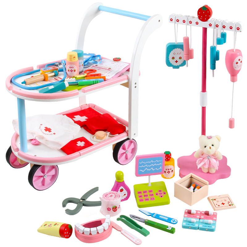 Children's wooden doc kit girl baby nurse baby family medical cart toy injection hospital