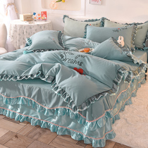 Net red double-decked lace-bed skirt with four sets of girl heart-bed cover-style pure cotton full cotton quilts with princess wind non-slip and naked