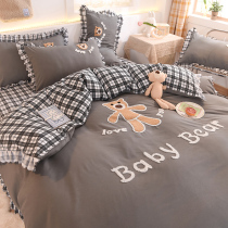 Korean version of naked sleeping four-piece set bed skirt plus with non-slip cotton cotton Princess wind girl heart cartoon quilt cover four seasons