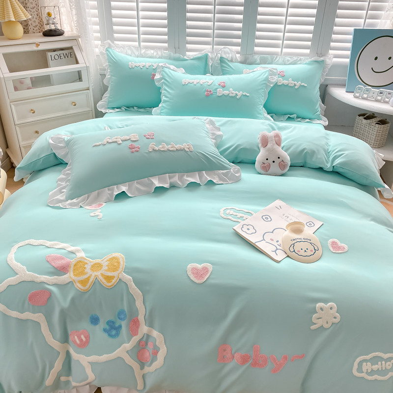 ins cute cartoon four pieces all cotton quilts nude sleep pure cotton student bed lace girl all season princess wind