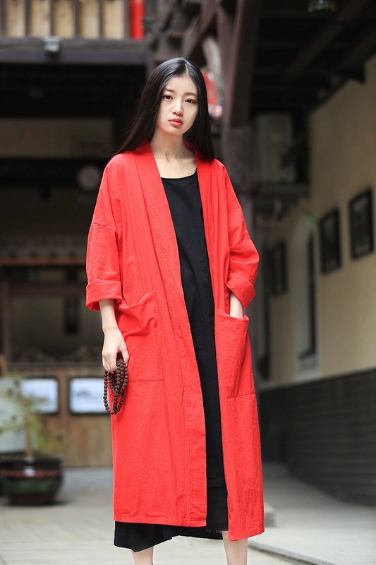 Đầu mùa thu mới của phụ nữ cotton và lanh áo khoác cardigan nữ giữa dài, áo sơ mi dài tay mỏng, áo choàng và áo khoác ngoài - Áo sơ mi dài tay