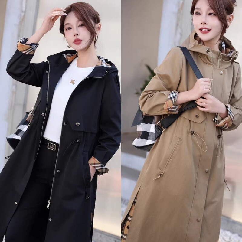 Classic British Gentle Style 2025 Early Spring Women's New Slim-Fit Height-Enhancing Hooded Mid-Length Solid Color Trench Coat Jacket