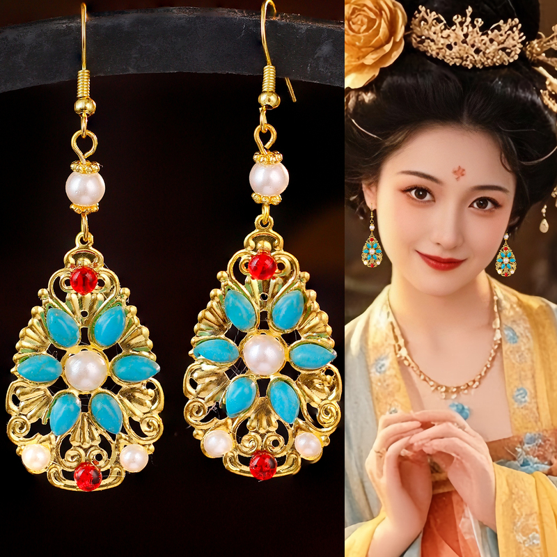Ancient Style Hanfu Earrings, Imitation Gold, Elegant Turquoise Ear Clips, Versatile Tang Style Ming Dynasty Photo Shoot Ear Hooks Accessories Ancient Style Hanfu Earrings, Imitation Gold, Elegant Turquoise Ear Clips, Versatile Tang Style Ming Dynasty Photo Shoot Ear Hooks Accessories