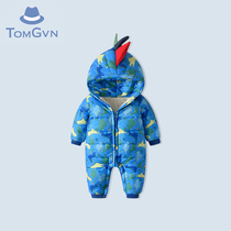  Tommy Gavin baby winter clothes plus velvet blue dinosaur romper men thicken warm clothes for four months baby clothes