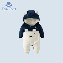 Tommy Gavin 2021 male baby winter jumpsuit plus velvet thickened newborn hooded Ha clothes baby clothes