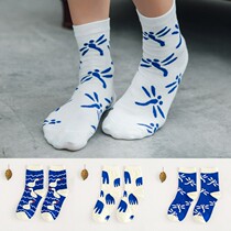 Korean mid-tube womens socks fashion cute blue and white dragonfly Swan Elephant Lady cotton socks