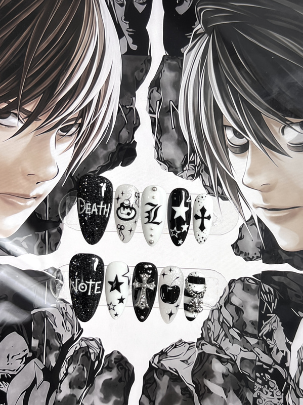 Death Note Hand-Painted Impression Nails Wearable Nails Deathnote Nail Art L Black and White Cool Light Pain Nails