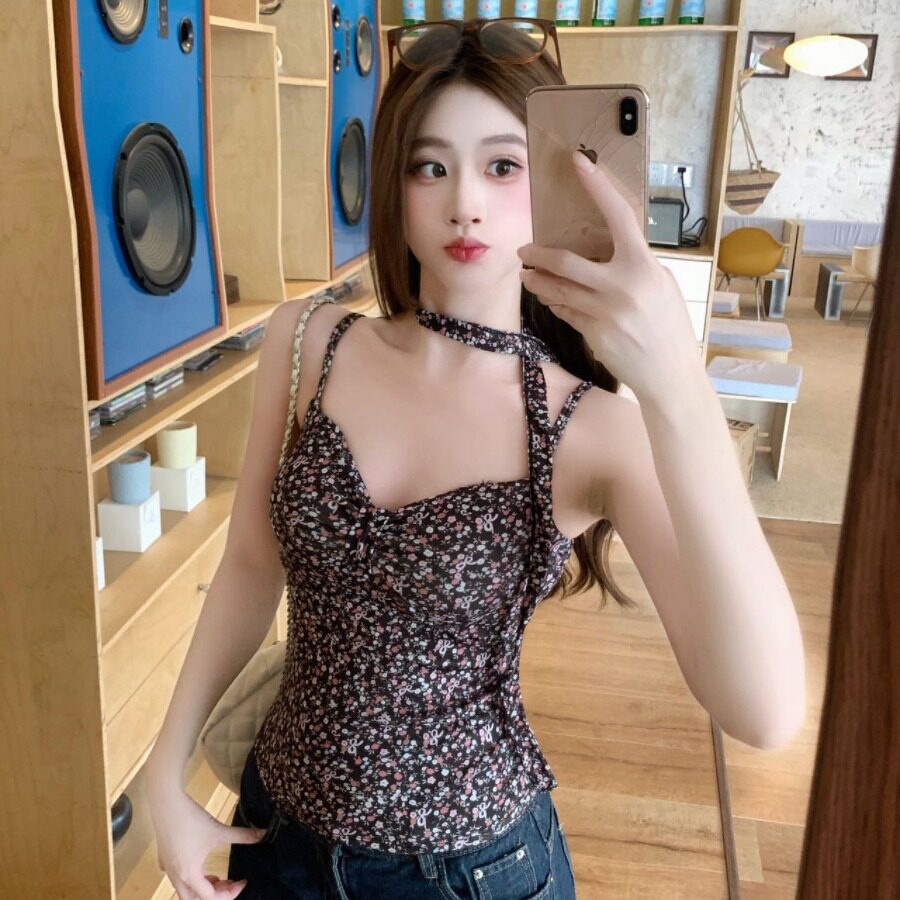 辣妹碎花吊带背心女夏外穿美背文胸一体修身显瘦短款抹胸无袖上衣