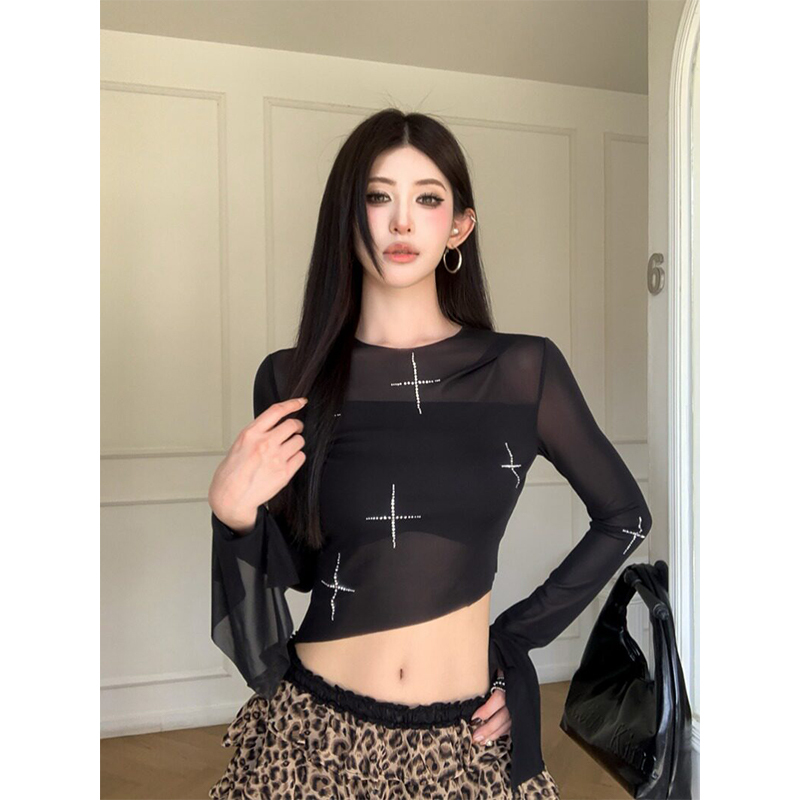 Sexy Mesh See-Through Long-Sleeved T-Shirt for Women, Black Cross-Decorated Slim-Fitting Thin Outerwear Design Top for Summer