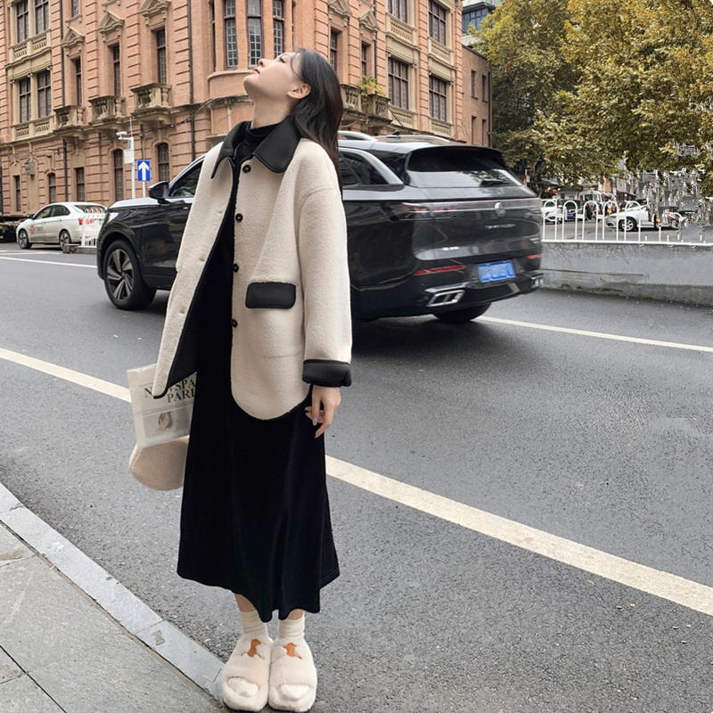 Herbenwind Pregnant Woman Autumn Winter Clothing Coat 2023 New Foreign Air Lamb Hair Integrated Large Coat Knit Base Sweater Dress-Taobao
