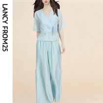 Langzi 2024 new summer style short-sleeved national style slim-fitting top and wide-leg pants two-piece temperament matching suit
