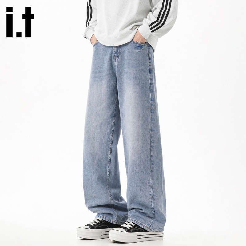 Fingercroxx Light Blue Washed Wide Straight-Leg Jeans, Fresh Faded Vintage Style, Loose Drapey Long Pants D