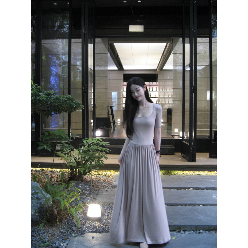 W51【Soft Mist Nude Pink】Gentle Style Dark Lotus Root Pink Dress with Drape, Waist-Cinching, Slimming, Elegant Long Dress