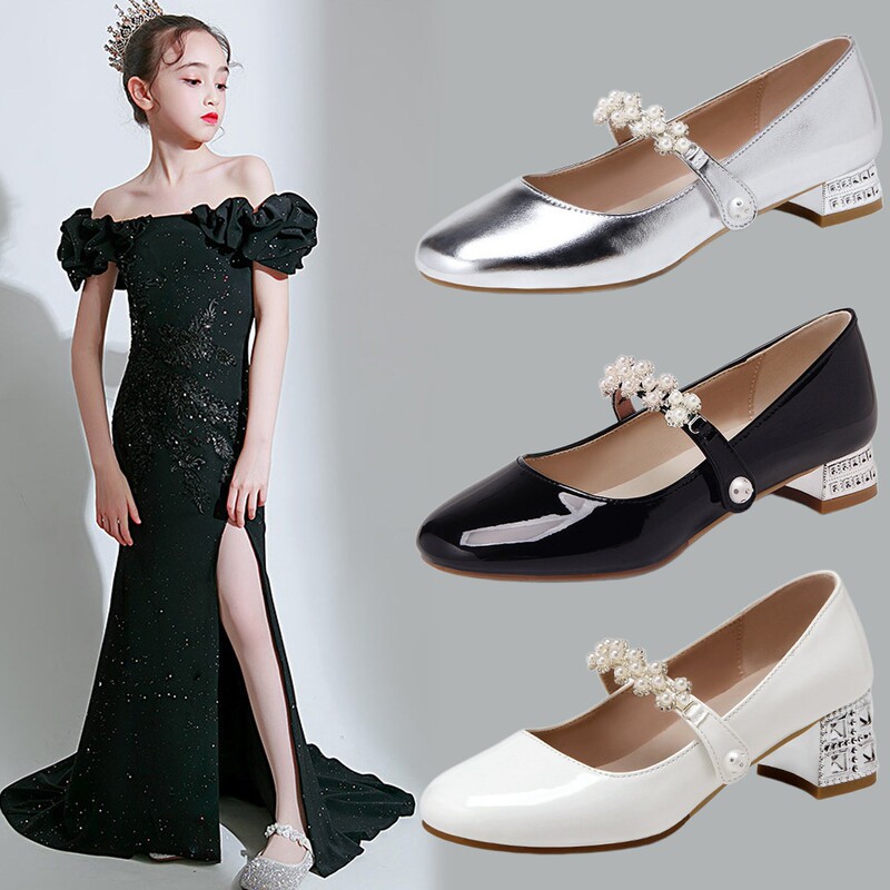 Girls' Black Leather Shoes 2026 Spring and Autumn Princess Crystal Shoes Girls' Piano Show Performance Matching Dress High Heels