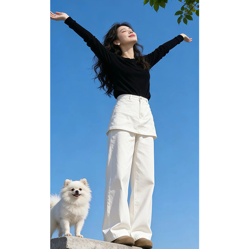 White Faux Two-Piece Denim Pants for Women, Spring 2026 New Style, Plus Size, High-Waisted, Slimming, Floor-Length, Flared Pants