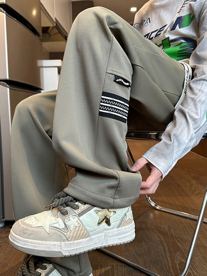 Мужские спортивные штаны в американском ретро-стиле, осень 2024, новая модная модель с вышитыми нашивками, прямые свободные повседневные длинные брюки