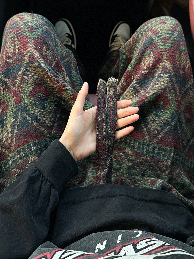 Knitted Dirty-Style Pants for Men, Autumn Ethnic Style Jacquard Wide-Leg Pants, Retro Lazy Relaxed Casual Long Pants