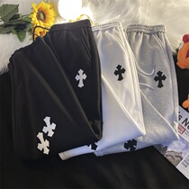 Sweatpants mens spring and autumn boarder Inn wind loose big code Fat son cross embroidered fried street straight cylinder pendant sensuo