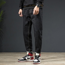 Red ear Denning jeans men lightning embroidery Japanese loose straight Tide brand large size workwear fat Harlan trousers