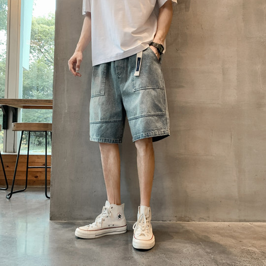 Japanese retro workwear denim shorts men's summer loose straight splicing vintage trendy brand casual mid-length pants