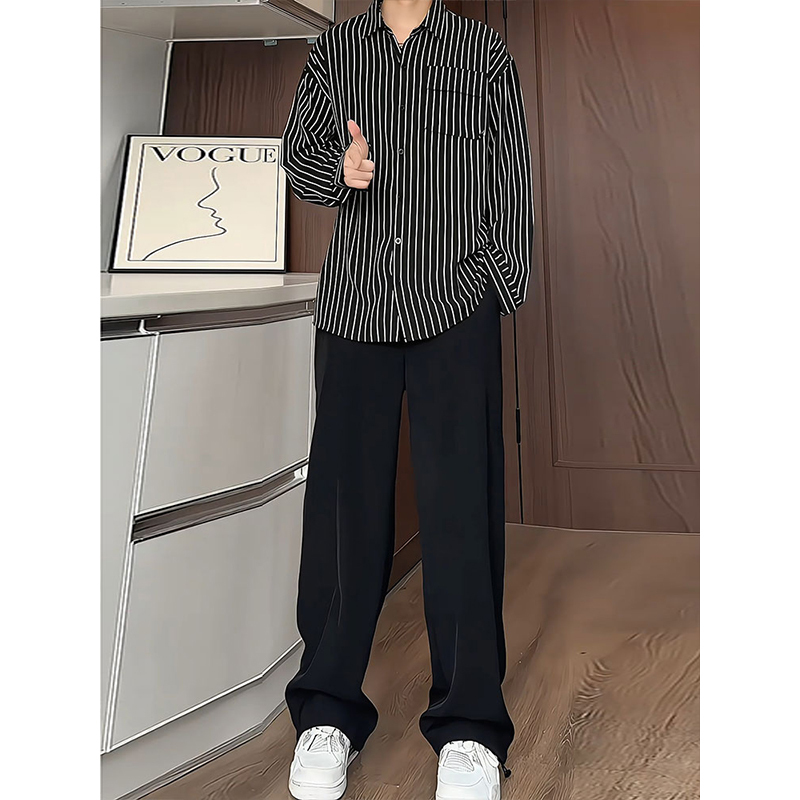 Ice Silk Quick-Dry Set for Men, Summer Thin Style, Black and White Striped Long-Sleeve Shirt and Pants, Stylish Two-Piece Set Ice Silk Quick-Dry Set for Men, Summer Thin Style, Black and White Striped Long-Sleeve Shirt and Pants, Stylish Two-Piece Set