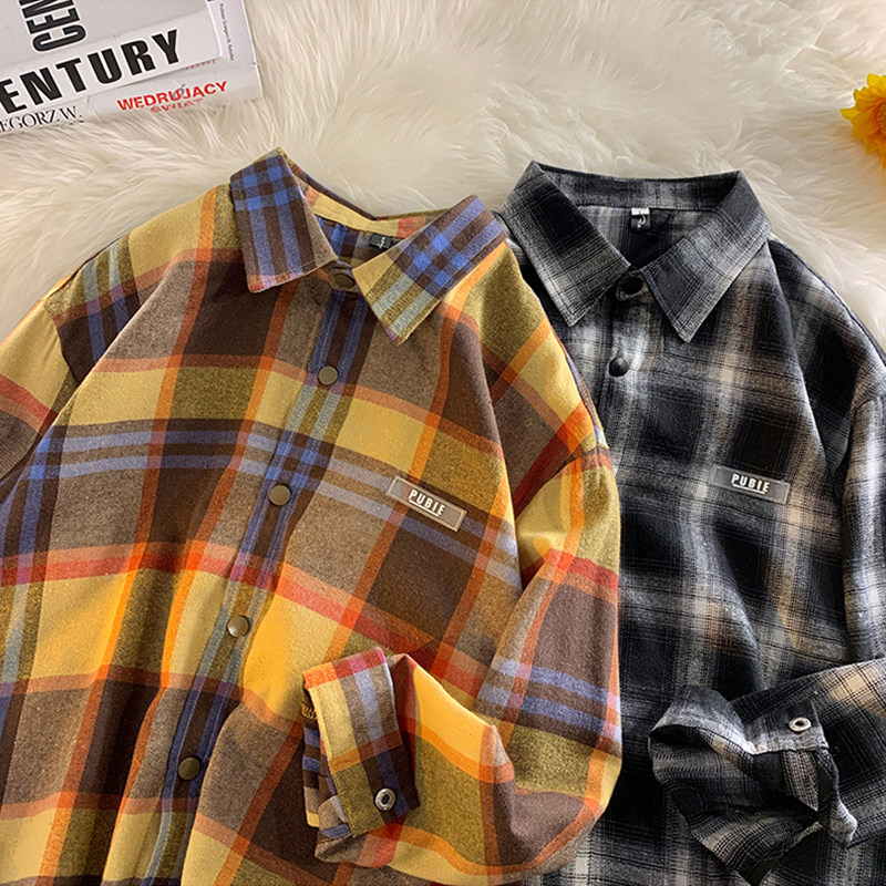 American Retro Plaid Shirt Man's fall Autumn Ruffling's Premium Casual Loose lover Dress Long Sleeve Shirt-Taobao