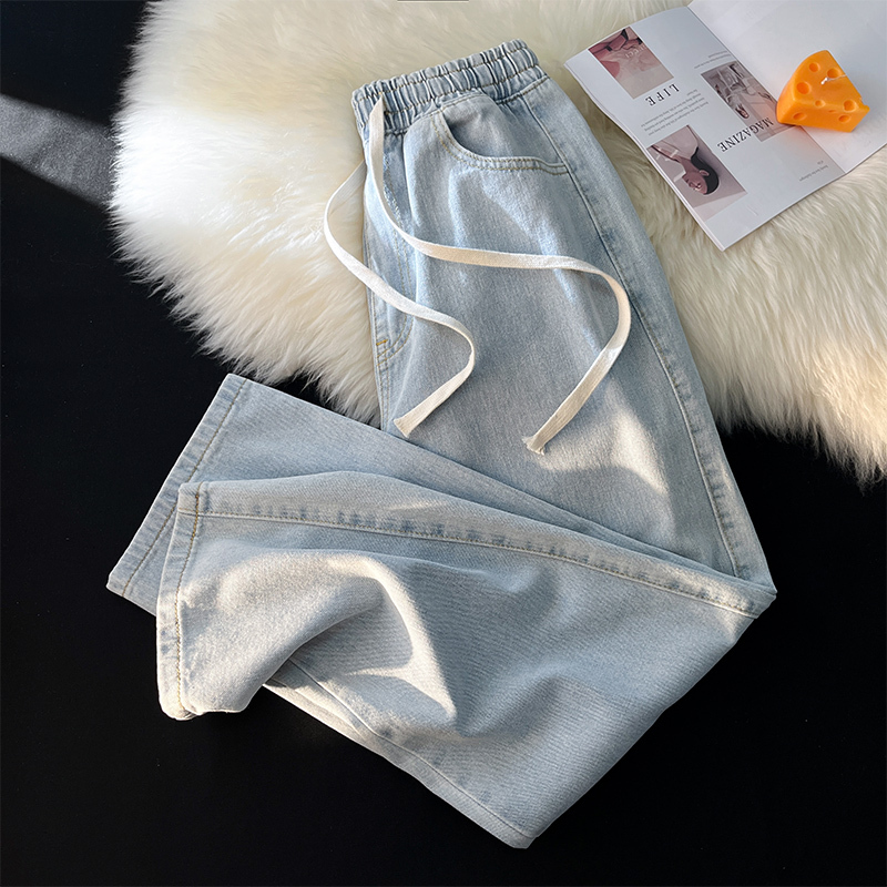 Straight-Leg Jeans for Women with Drawstring, Petite Size, Elastic Waist, Wide-Leg, Loose Fit, Student Style, Light Color, 2026 New Summer Pants