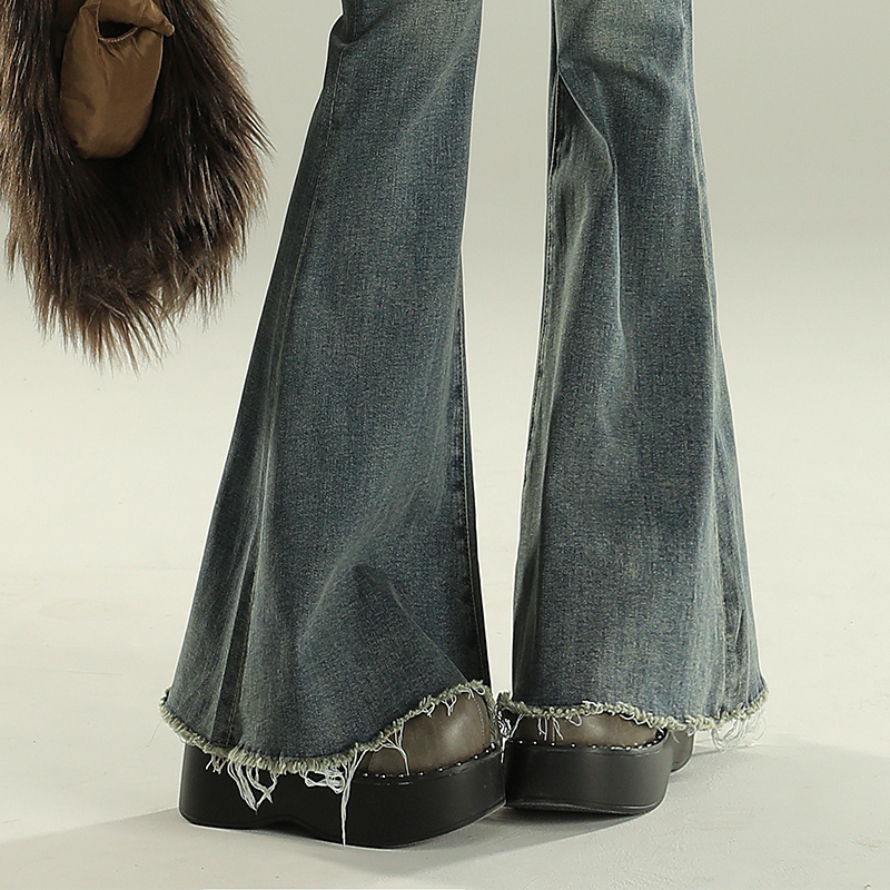 Raw Hem Flared Jeans for Women, High-Waisted Bell-Bottom Pants, Summer Petite Tassel Retro Straight-Leg 2026 New Style Pants