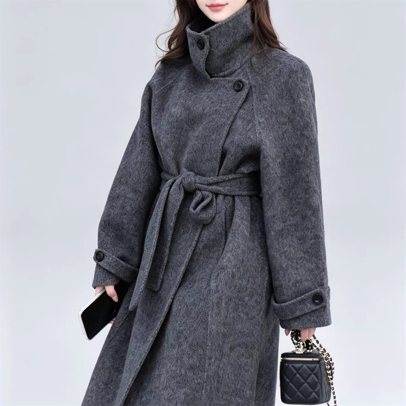 High-End and Elegant Gray Long Coat with Stand Collar for Women, Wool Double-Sided Woolen Coat, New Winter 2026 Model for Women High-End and Elegant Gray Long Coat with Stand Collar for Women, Wool Double-Sided Woolen Coat, New Winter 2026 Model for Women
