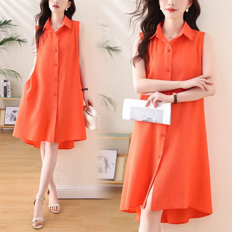 Popular Casual Shirt Dress for Women, Sleeveless, Summer New Style, Loose Trendy Dress, Mid-Length Sleeveless Dress