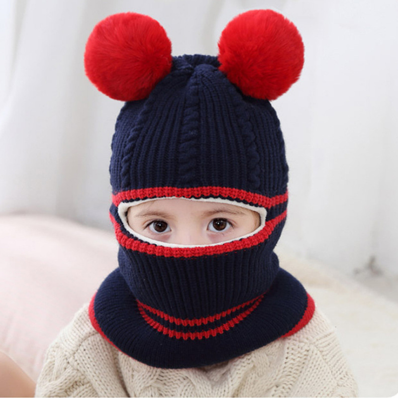Children's woolen headgear scarf one-piece cap baby plus velvet thick 2-5 years old child windproof cold face ear mask winter