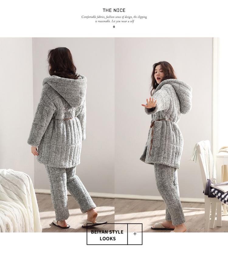 Mùa đông ba lớp nhung san hô nhung nữ bộ đồ ngủ phiên bản Hàn Quốc của áo khoác dài cotton dày ấm áp phù hợp với dịch vụ nhà - Bên ngoài ăn mặc thời trang mặc nhà nam nữ