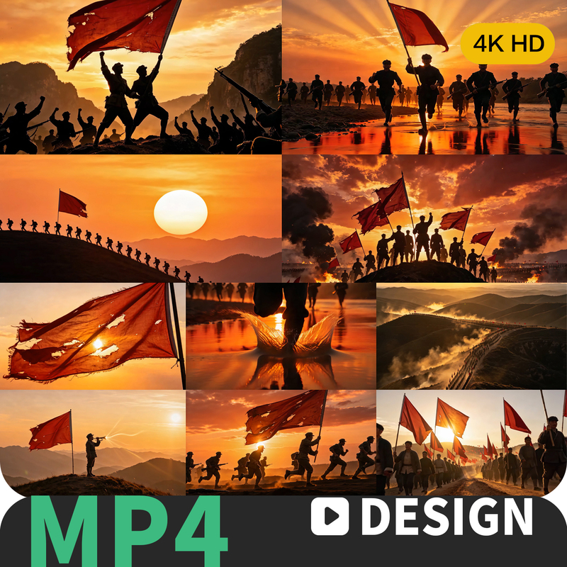 Silhouettes of Heroes of the War of Resistance, Red Flags Fluttering, Red Revolution, Spirit of the Long March, Victory Trumpet of the Warriors, Patriotic Video Footage