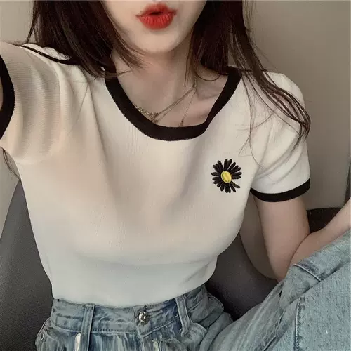 Tide, летняя приталенная футболка с коротким рукавом, трикотажный свитер, популярно в интернете, с вышивкой, короткий рукав